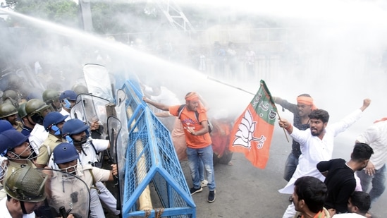Water cannons being used to disperse BJP supporters in Kolkata. (ANI Photo) Water cannons being used to disperse BJP supporters in Kolkata. (ANI Photo)