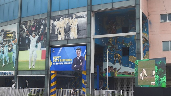 Photographs of BCCI president Sourav Ganguly put up at Eden Garden to celebrate his 50th birthday in Kolkata&nbsp;(PTI)