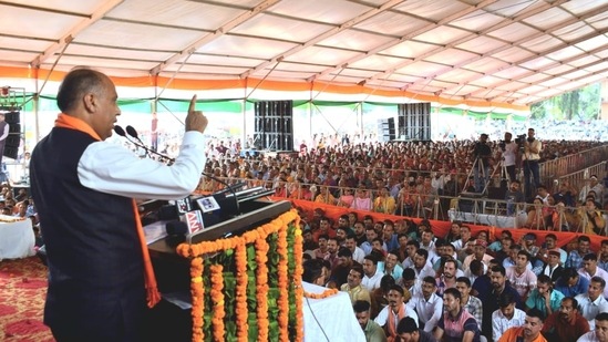 Jairam Thakur at a rally in Sunder Nagar on Sunday evening.