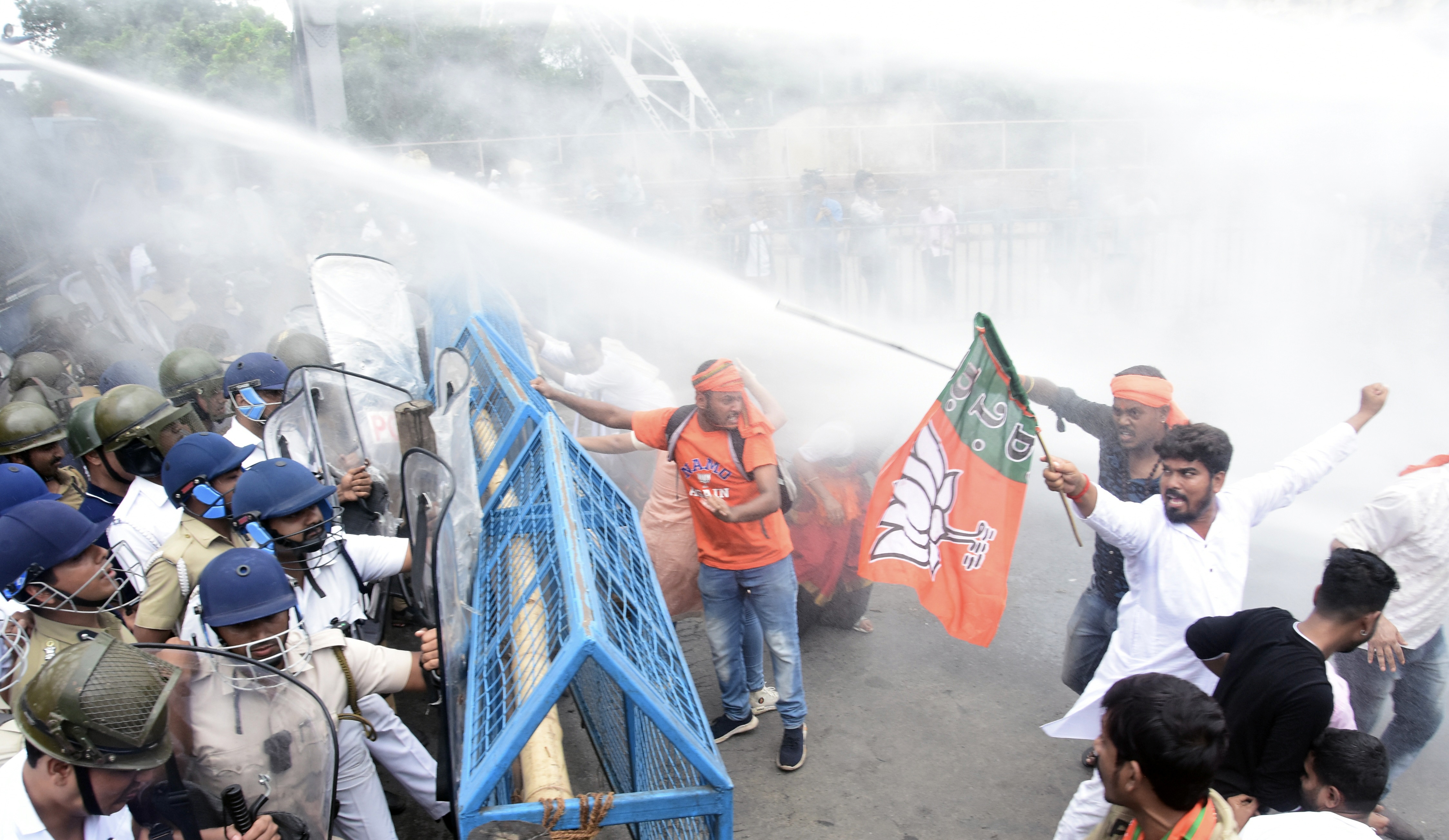 Water cannons being used to disperse BJP supporters in Kolkata. (ANI Photo) Water cannons being used to disperse BJP supporters in Kolkata. (ANI Photo)