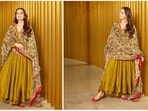 Dia Mirza has been following sustainable fashion for quite some time now. She has extended her support to clothing made by Indian artistries by ditching fancy clothes from luxury international clothing lines and wearing handcrafted products. She has often expressed her love for traditional attires, especially the handwoven ones through her Instagram post. Once again, appreciating their talent and work, the Rehnaa Hai Terre Dil Mein actor shared some gorgeous photos of herself in a mustard yellow kalamkari anarkali suit.(Instagram/@diamirza)