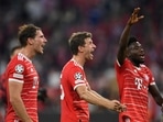 Champions League: Bayern Munich v FC Barcelona - Allianz Arena, Munich, Germany - September 13, 2022 Bayern Munich's Leon Goretzka, Thomas Muller and Alphonso Davies celebrate after the match
