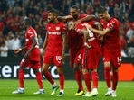 Champions League - Bayer Leverkusen v Atletico Madrid - BayArena, Leverkusen, Germany - September 13, 2022 Bayer Leverkusen's Robert Andrich celebrates scoring their first goal with teammates