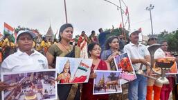 Members of Namami Gange celebrate the Varanasi district court’s ruling on maintainability of the plea in the Shringar Gauri-Gyanvapi case. (PTI PHOTO)