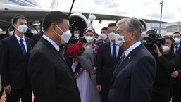 Chinese President Xi Jinping is welcomed by Kazakh President Kassym-Jomart Tokayev upon his arrival in Nur-Sultan, Kazakhstan September 14. 