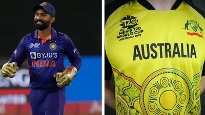 Karthik's savage 'RCB' tweet about Australia's new T20 World Cup jersey has sparked a debate on social media (AP/ Twitter @Cricket Australia) Karthik's savage 'RCB' tweet about Australia's new T20 World Cup jersey has sparked a debate on social media (AP/ Twitter @Cricket Australia)