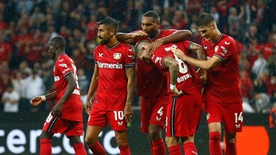 Champions League - Bayer Leverkusen v Atletico Madrid - BayArena, Leverkusen, Germany - September 13, 2022 Bayer Leverkusen's Robert Andrich celebrates scoring their first goal with teammates (REUTERS)