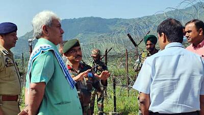 Jammu and Kashmir lieutenant governor Manoj Sinha reviews the security situation along the border during a visit to forward areas in Poonch on Wednesday. (Office of LG J&K Twitter) Jammu and Kashmir lieutenant governor Manoj Sinha reviews the security situation along the border during a visit to forward areas in Poonch on Wednesday. (Office of LG J&K Twitter)