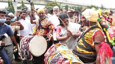 Image tweeted by culture minister from the inauguration of ‘the Hyderabad Liberation Movement - Photo &amp; Art Exhibition.’ (Twitter)