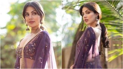 For another photoshoot, Rhea Chakraborty donned an embellished lavender lehenga set worth <span class='webrupee'>₹</span>29k. (Instagram/@rhea_chakraborty) For another photoshoot, Rhea Chakraborty donned an embellished lavender lehenga set worth <span class='webrupee'>₹</span>29k. (Instagram/@rhea_chakraborty)