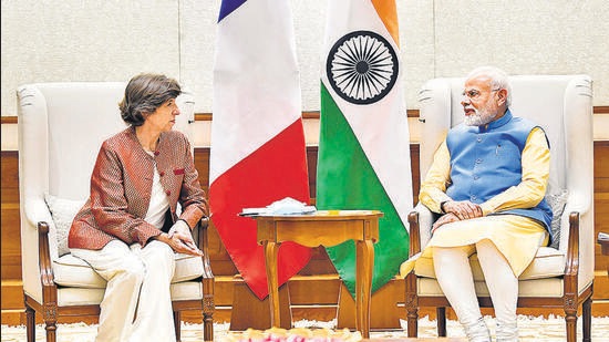 Prime Minister Narendra Modi with French foreign minister Catherine Colonna during a meeting in New Delhi. (PTI)