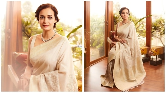 Dia Mirza's love for sarees goes beyond words. For an award ceremony, she donned a stunning hand embroidered ivory Tusser Georgette Banarasi featuring pichwai artworks.(Instagram/@diamirzaofficial)