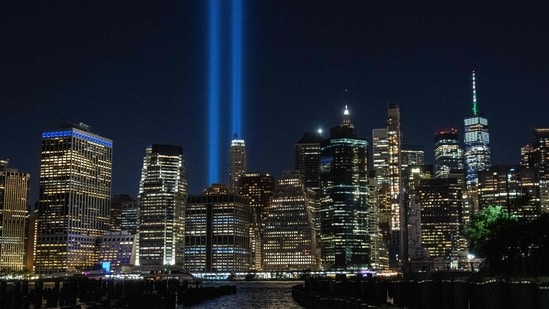 The annual 'Tribute in Light' on the World Trade Center shines within lower Manhattan's skyline in New York.(AFP )