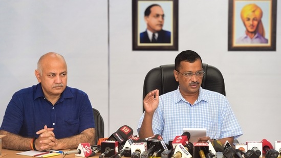 New Delhi: Delhi Chief Minister and AAP Convener Arvind Kejriwal speaks as Delhi Deputy Chief Minister Manish Sisodia looks on during a press conference, in New Delhi, Wednesday, Sept. 14, 2022.(PTI)