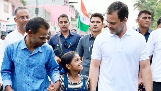Congress leader Rahul Gandhi during the padayatra on the fourth day of party's Bharat Jodo Yatra, at Mulagumoodu, in Kanniyakumari on Saturday. (ANI)