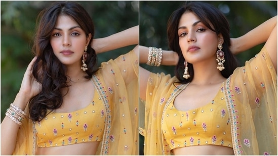Rhea Chakraborty paired her lehenga with jhumkas and beaded bracelets. She left her hair open and struck stunning poses for the camera. (Instagram/@rhea_chakraborty)