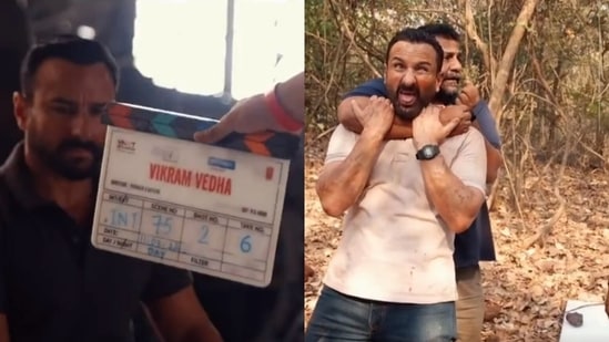 Saif Ali Khan on the sets of Vikram Vedha.(Twitter) Saif Ali Khan on the sets of Vikram Vedha.(Twitter)