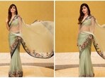 Rhea Chakraborty ditched fancy gowns and dresses for this stunning saree by one of the most celebrated designers of India, Manish Malhotra for a recent award show.(Instagram/@rhea_chakraborty)