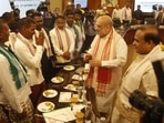 Home minister Amit Shah, Assam CM Himanta Biswa Sarma during the peace agreement meeting at the ministry.(Raj K Raj / HT Photo ) Home minister Amit Shah, Assam CM Himanta Biswa Sarma during the peace agreement meeting at the ministry.(Raj K Raj / HT Photo )