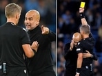 Pep Guardiola hugs referee after being booked at UEFA Champions League (Twitter/cityfcfans) Pep Guardiola hugs referee after being booked at UEFA Champions League (Twitter/cityfcfans)