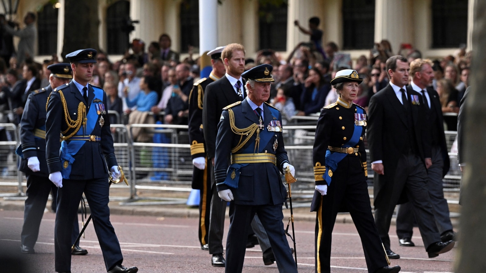 King Charles, his sons Prince William and Prince Harry follow coffin for queen's last journey from palace