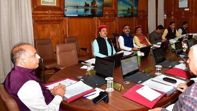 Chief minister Jai Ram Thakur presides over the cabinet meeting at Himachal Pradesh secretariat in Shimla on Thursday. The cabinet on Thursday decided to rename the library of one college in every district as Dr Bhimrao Ambedkar District Library. (HT Photo)