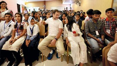 Congress leader Rahul Gandhi interacting with students during Bharat Jodo Yatra in Kerala. (PTI)