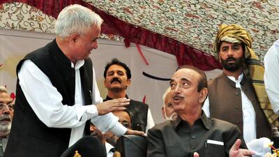 Former Jammu and Kashmir chief minister Ghulam Nabi Azad interacts with a leader during a public rally, in Anantnag on Thursday. He said he will reveal name of his political party in 10 days. (ANI) Former Jammu and Kashmir chief minister Ghulam Nabi Azad interacts with a leader during a public rally, in Anantnag on Thursday. He said he will reveal name of his political party in 10 days. (ANI)