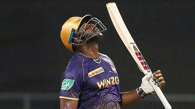 Kolkata Knight Riders' Andre Russell celebrates his half century (ANI) Kolkata Knight Riders' Andre Russell celebrates his half century (ANI)