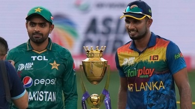 Pakistan captain Babar Azam, left, and Sri Lanka's captain Dasun Shanaka (AP) Pakistan captain Babar Azam, left, and Sri Lanka's captain Dasun Shanaka (AP)