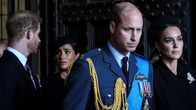 Queen Elizabeth II: Britain's Prince William, Kate, Princess of Wales, Prince Harry and Meghan paid their respects to Queen Elizabeth II in Westminster Hall. (Reuters)