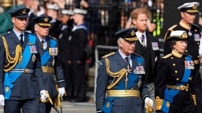 British Royal Family: The Royal family follows the coffin of Queen Elizabeth II during the procession. (AP) British Royal Family: The Royal family follows the coffin of Queen Elizabeth II during the procession. (AP)