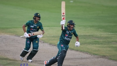 Naseem Shah celebrates after hitting a six to help Pakistan beat Afghanistan at the Asia Cup (AFP) Naseem Shah celebrates after hitting a six to help Pakistan beat Afghanistan at the Asia Cup (AFP)