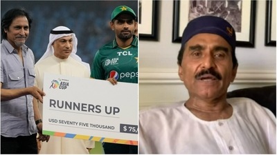 PCB chairman Ramiz Raja (extreme left) and Babar Azam after Asia Cup final; Javed Miandad (AP/YouTube) PCB chairman Ramiz Raja (extreme left) and Babar Azam after Asia Cup final; Javed Miandad (AP/YouTube)