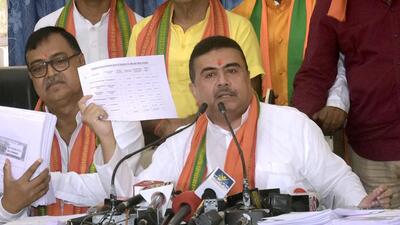 Leader of Opposition in West Bengal Assembly Suvendu Adhikari addresses a press conference on alleged ill-treatment of party members and supporters by Kolkata Police during the party's Nabanna Chalo march in Kolkata on Thursday (ANI)