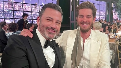 A picture of Andrew Garfield and Jimmy Kimmel from Emmys 2022. A picture of Andrew Garfield and Jimmy Kimmel from Emmys 2022.