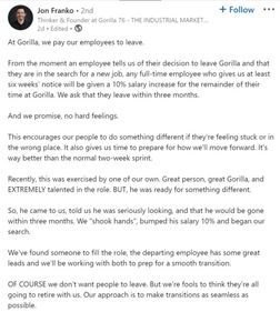 A screengrab of what Gorilla founder Jon Franko shared about the company's policy on LinkedIn. (LinkedIn/Jon Franko) A screengrab of what Gorilla founder Jon Franko shared about the company's policy on LinkedIn. (LinkedIn/Jon Franko)