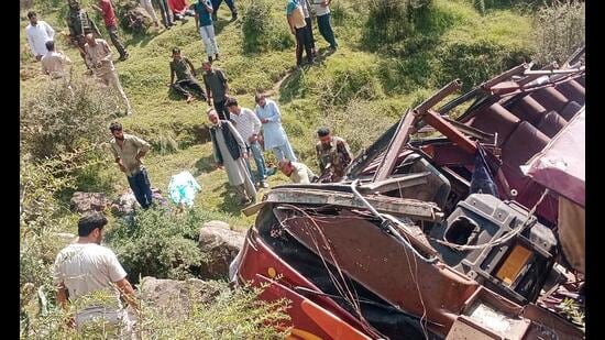 Wrecked remains of a bus are seen after it fell into a deep gorge near Bhimber Gali in Jammu and Kashmir’s Rajouri on Thursday. At least, four people died during the bus accident. (ANI photo)