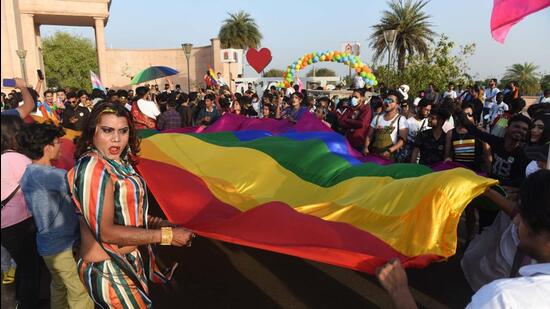 Lucknow, India – March 27, 2022: Members and supporters of the LGBT community take part in the 6th Awadh Queer Pride Parade in Lucknow, Uttar Pradesh, India on Sunday, March 27, 2022. The queer pride parade is a yearly festival to honour and celebrate lesbian, gay, bisexual and transgender people, and their supporters. (Photo by Deepak Gupta/Hindustan Times) (Deepak Gupta/Hindustan Times)