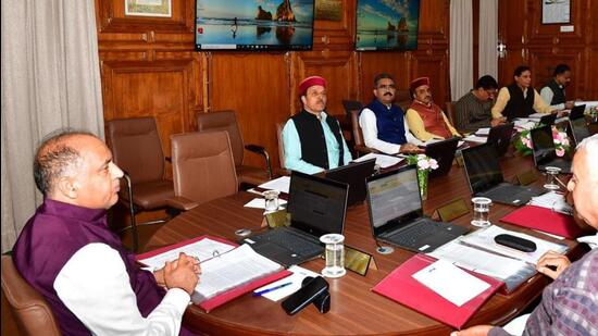 Chief minister Jai Ram Thakur presides over the cabinet meeting at Himachal Pradesh secretariat in Shimla on Thursday. The cabinet on Thursday decided to rename the library of one college in every district as Dr Bhimrao Ambedkar District Library. (HT Photo)