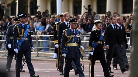 King Charles III, his siblings and sons Princes William and Harry joined a solemn procession to take Queen Elizabeth's coffin from Buckingham Palace to parliament on Wednesday.(REUTERS)