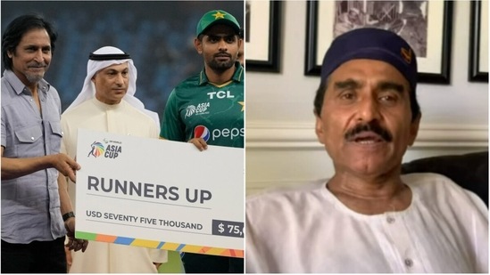 PCB chairman Ramiz Raja (extreme left) and Babar Azam after Asia Cup final; Javed Miandad(AP/YouTube)