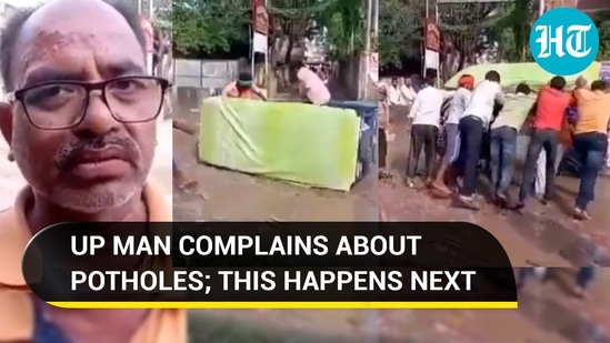 UP man talks of accidents due to potholes; Moments later rick tumbles behind him