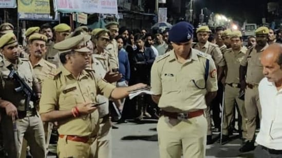 Lucknow range inspector general (IG) of police Laxmi Singh and Lakhimpur Kheri superintendent of police (SP) Sanjiv Suman, at the protest site.