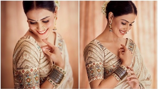 Genelia D'Souza in off-white couture saree says 'a woman's best jewellery is her shyness or nose ring'&nbsp;(Instagram)