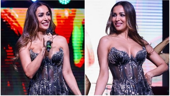 Malaika Arora in sheer off-shoulder gown and bold makeup dials up the drama at an event&nbsp;(Instagram)
