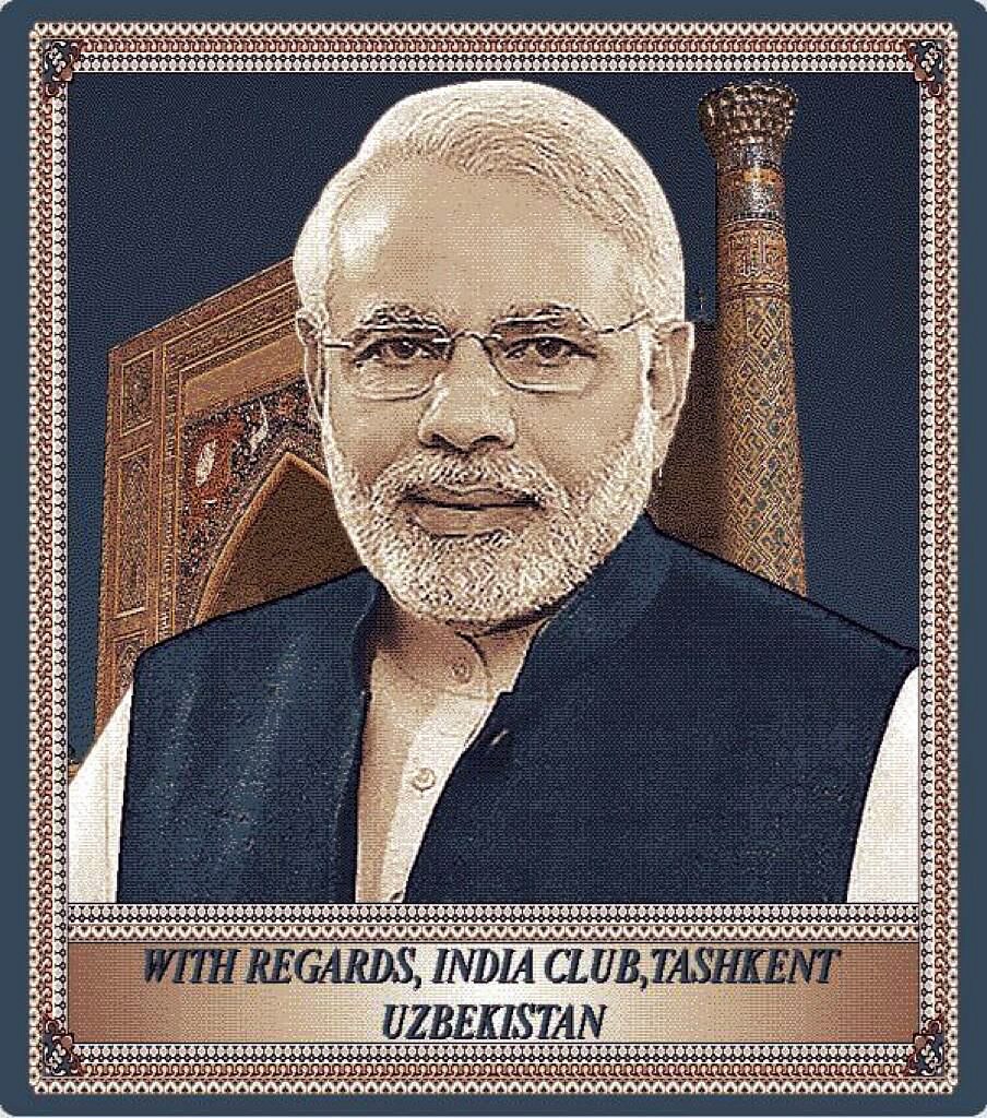 A group of people belonging to the Indian community, The India Club in Tashkent, sent a gift for Prime Minister Narendra Modi with a portrait of him painted on the Uzbek wall carpet as a mark of respect, in Tashkent on Thursday. (ANI Photo) A group of people belonging to the Indian community, The India Club in Tashkent, sent a gift for Prime Minister Narendra Modi with a portrait of him painted on the Uzbek wall carpet as a mark of respect, in Tashkent on Thursday. (ANI Photo)