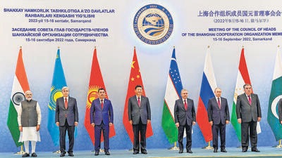Prime Minister Narendra Modi with members of the Shanghai Cooperation Organisation in Samarkand, Uzbekistan, on Friday. (PTI) Prime Minister Narendra Modi with members of the Shanghai Cooperation Organisation in Samarkand, Uzbekistan, on Friday. (PTI)