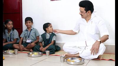 Tamil Nadu chief minister MK Stalin feeds a student at the launch of free breakfast scheme at Adimulam School in Madurai on Thursday. (ANI) Tamil Nadu chief minister MK Stalin feeds a student at the launch of free breakfast scheme at Adimulam School in Madurai on Thursday. (ANI)