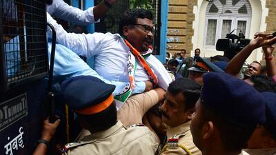 Mumbai, India - September 15, 2022: Police detain NCP activists during their protest against Eknath Shinde and Devendra Fadnavis government who took the employment of the youth of Maharashtra to foreign states as the 1 lakh 54 thousand crore project of Vedanta Group and Foxconn Company planned in Maharashtra was rushed to Gujarat, outside NCP Office, Ballard Estate, in Mumbai, India, on Thursday, September 15, 2022. (Photo by Bhushan Koyande) (HT PHOTO) Mumbai, India - September 15, 2022: Police detain NCP activists during their protest against Eknath Shinde and Devendra Fadnavis government who took the employment of the youth of Maharashtra to foreign states as the 1 lakh 54 thousand crore project of Vedanta Group and Foxconn Company planned in Maharashtra was rushed to Gujarat, outside NCP Office, Ballard Estate, in Mumbai, India, on Thursday, September 15, 2022. (Photo by Bhushan Koyande) (HT PHOTO)